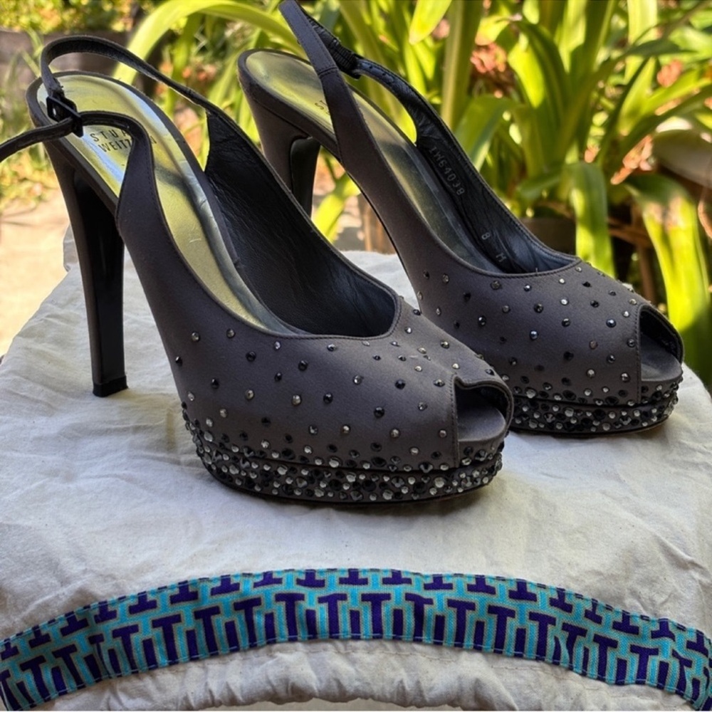 Stuart Weitzman crystal studs peep toe slingback platform heels